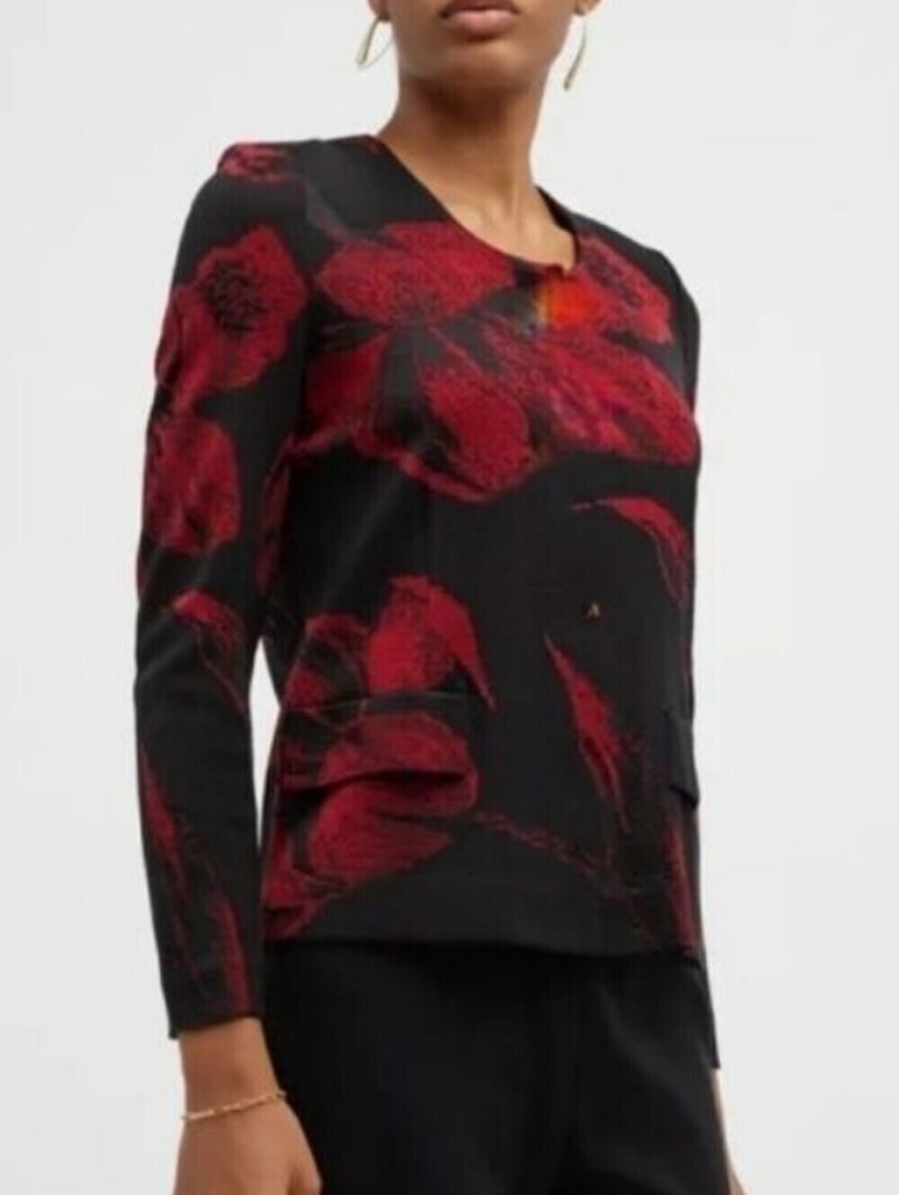 Calvin Klein Wool Blend Red Deep Purple Floral Crewneck Button Front Cardigan